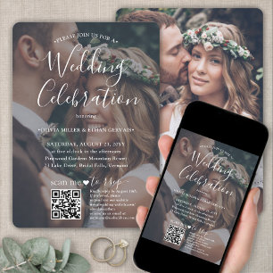 Fotobedekking QR-code RSVP White Script Weduwen Kaart