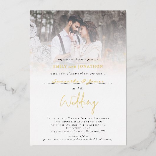 Fotobedekking Voeg Gastnaam QR Code Echte bruiloft Folie Uitnodiging (Voorkant)