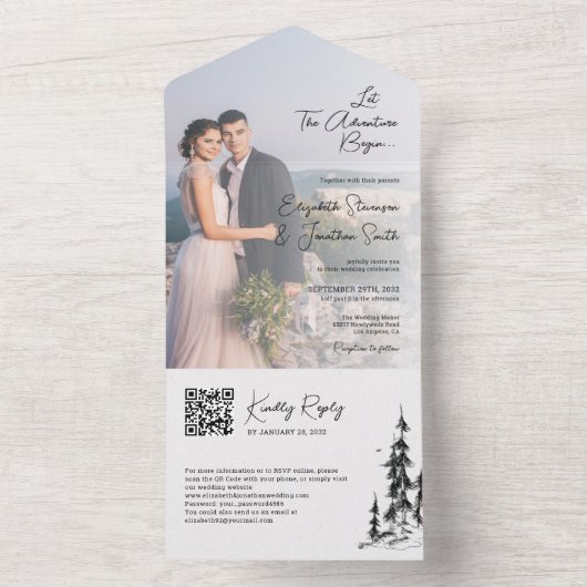 Fotoberbos moderne QR-code RSVP bruiloft All In One Uitnodiging (Binnen)