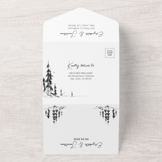 Fotoberbos moderne QR-code RSVP bruiloft All In One Uitnodiging (Buitenkant)