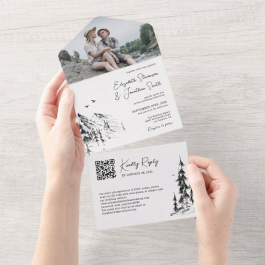 Fotoberbos moderne QR-code RSVP bruiloft All In One Uitnodiging (Afscheurbaar)