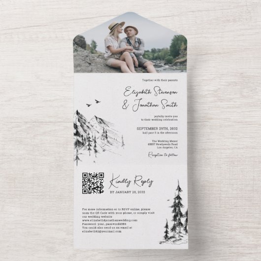 Fotoberbos moderne QR-code RSVP bruiloft All In One Uitnodiging (Binnen)