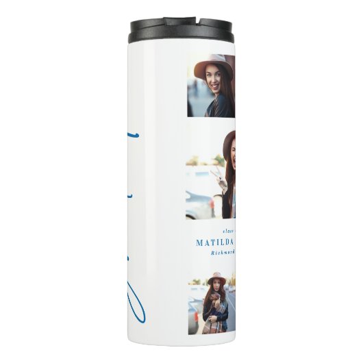 Fotoblauw afstuderen script modern elegant thermosbeker (Achterkant)