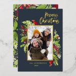 Fotoblauw elegant bladerblad met kerstmis folie feestdagenkaart<br><div class="desc">Foto waterverf floral and foliage kerstmis folie Holiday card. Mooie waterverf schilderde bladeren en moderne scripttekst. Een deel van een collectie.</div>