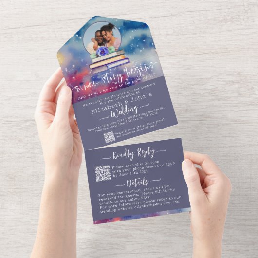 Fotoboeken en Rozen plakband Waterverf bruiloft to All In One Uitnodiging (Afscheurbaar)