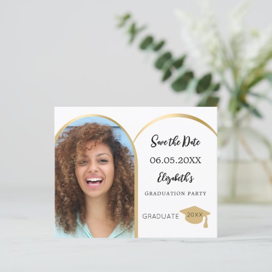 Fotoboog goud Afstuderen Save the Date kaart (Staand voorkant)