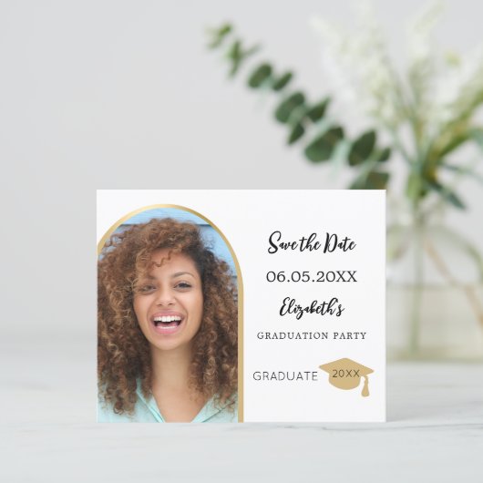 Fotoboog goud Afstuderen Save the Date kaart (Staand voorkant)