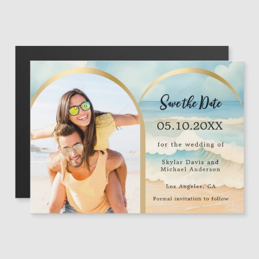 Fotoboog strand bruiloft Save the date magneet Magnetische Uitnodiging (Voorkant / Achterkant)