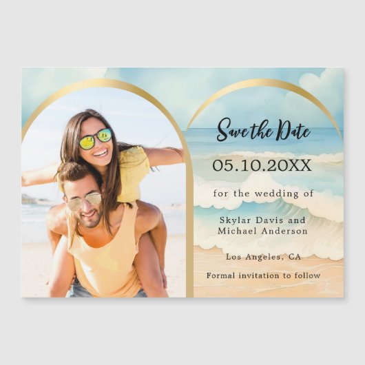 Fotoboog strand bruiloft Save the date magneet Magnetische Uitnodiging (Voorkant)