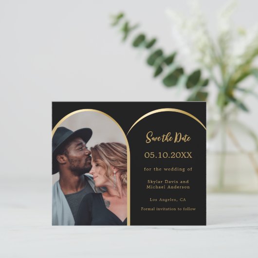 Fotoboog zwarte bruiloft Save the Date kaart (Staand voorkant)