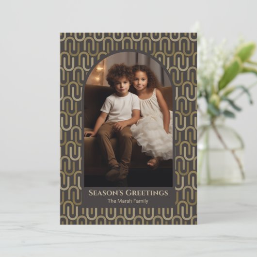 Fotoboogvormig - retro-mcm patroon neutraal bruin feestdagenkaart (Staand voorkant)