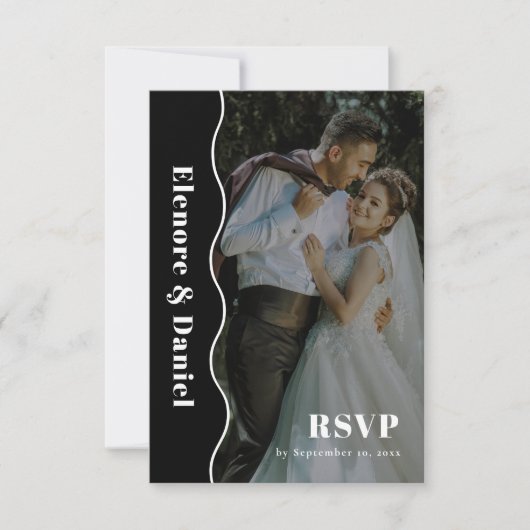 Fotobruiloft | Black and White Side Wave QR-code RSVP Kaartje (Voorkant)