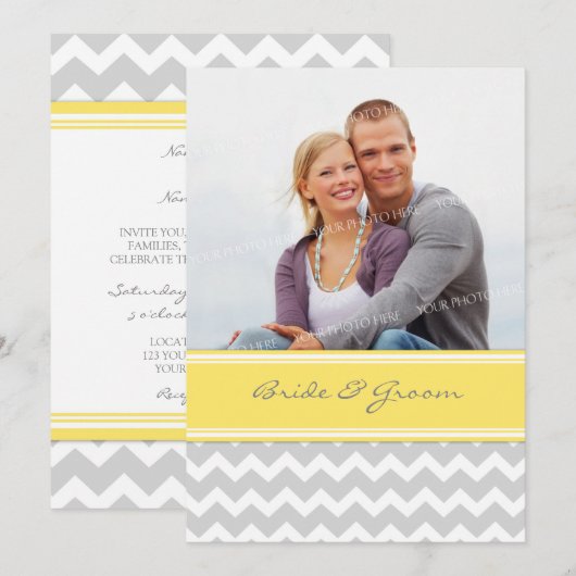Fotobruiloft Invitaties Geel Geel Chevron Kaart (Voorkant / Achterkant)