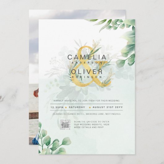 Fotobruiloft Uitnodiging Botanical Greenery Gold (Voorkant / Achterkant)