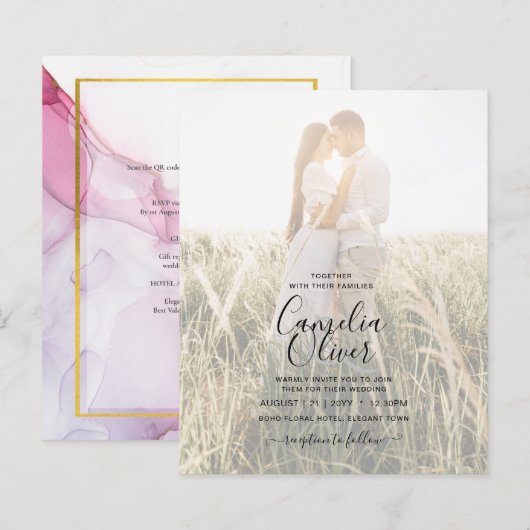 FOTOBRUILOFT UITNODIGING Roze Paars INKT LeahG (Voorkant / Achterkant)