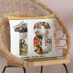 Fotocollage 18e verjaardag gepersonaliseerd neutra kussen<br><div class="desc">Gepersonaliseerd 18e verjaardagscadeau. Dit op maat gemaakte sierkussen heeft een nette fotocollage in de vorm van een nummer 18 met neutraal beige zand / gedempte gele randen en bronzen moderne typografie. De tekst luidt "Gefeliciteerd!", samen met uw aangepaste naam en geboortedatum (die u allemaal kunt bewerken of leeg laten). De...</div>