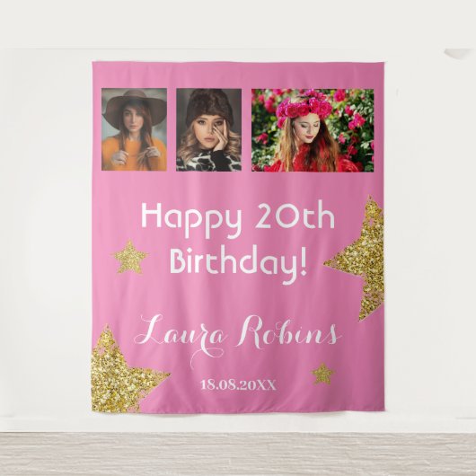 Fotocollage 20e verjaardagsfeestje Gouden achtergr Wandkleed (Voorkant)