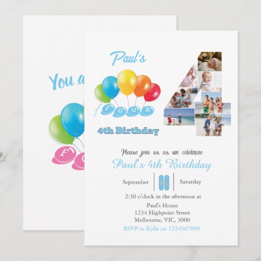 Fotocollage 4e verjaardag nummer 4 Jongen Kaart (Voorkant / Achterkant)