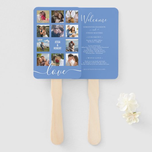 Fotocollage Blauw huwelijksprogramma Handwaaier (Voorkant en achterkant)