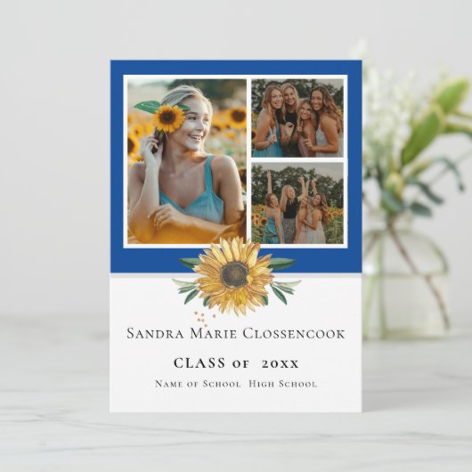 Fotocollage Blauw Zonnebloem Geel afstuderen Annou Aankondiging (Staand voorkant)