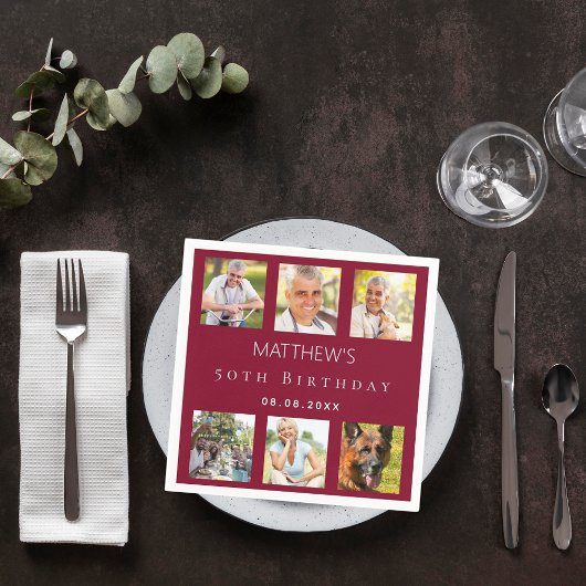 Fotocollage bordeaux verjaardagsfeestje servet