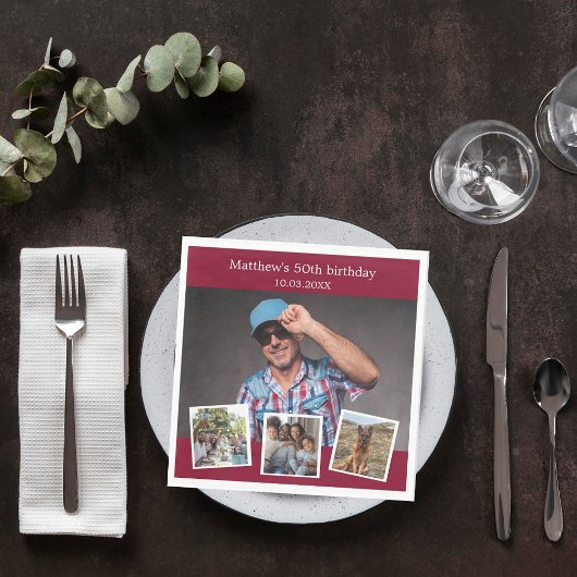 Fotocollage bordeaux verjaardagsfeestje servet