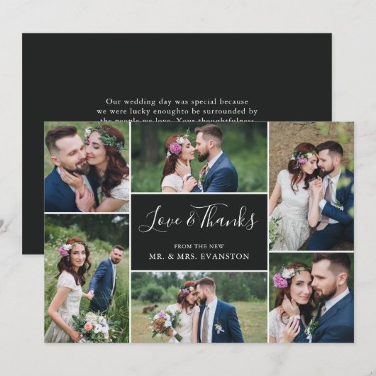Fotocollage bruiloft Dank u platte Kaart | Ebony (Voorkant / Achterkant)
