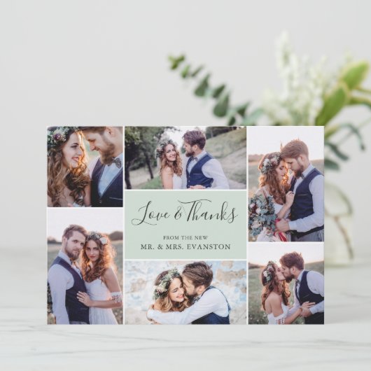 Fotocollage bruiloft Dank u platte Kaart | Mint (Staand voorkant)
