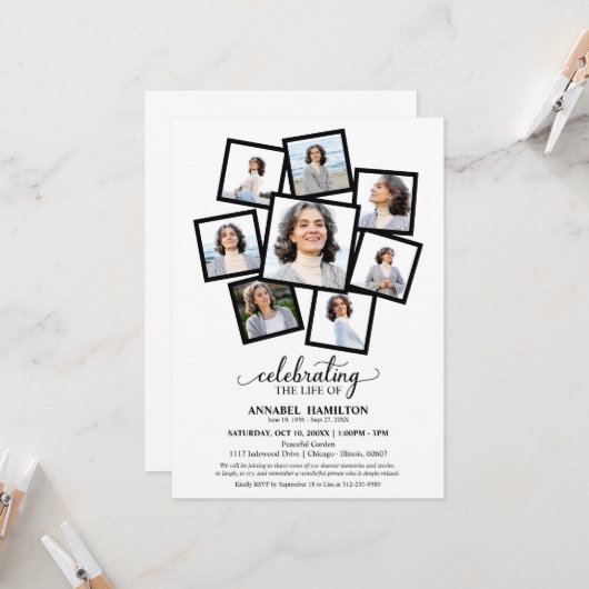 Fotocollage Celebration of Life Funeral Invitat Kaart (Voorkant / Achterkant in situ)