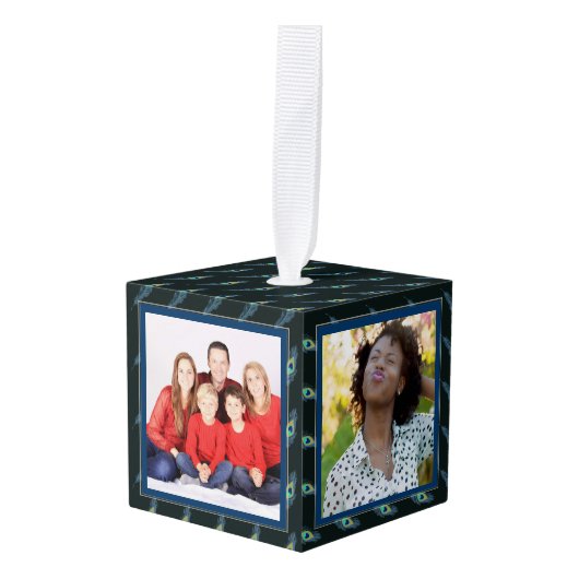 Fotocollage CUBE Kerstversiering Peacock Kubus Ornament (Voorkant hoekig)