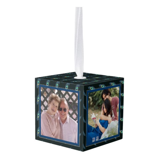 Fotocollage CUBE Kerstversiering Peacock Kubus Ornament (Achter hoekig)