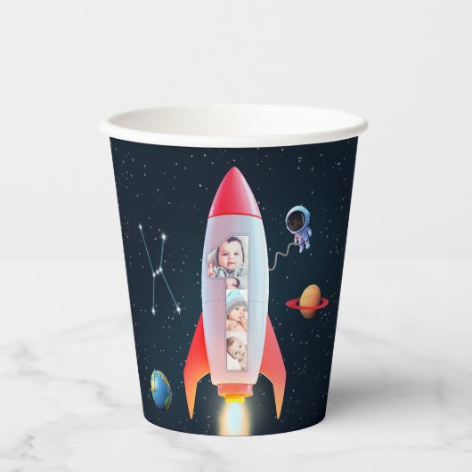 Fotocollage enorm | 1e verjaardag Space Rocket Papieren Bekers (Voorkant)