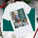 Fotocollage familie modern gepersonaliseerd kerstf t-shirt<br><div class="desc">Moderne shirt voor wintervakantie van de fotocollage op een groene (verwisselbare kleur) achtergrond met een trendy samen handschrift en witte sneeuwvlokken bedekking.            Personaliseer het met uw afbeeldingen en tekst!</div>