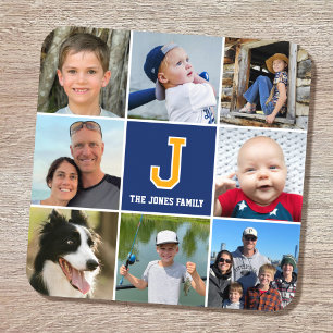 Fotocollage Familie Monogrammed Marine Blauw Goud Bier Onderzetter