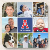 Fotocollage Familie Monogrammed Red Navy Blue Bier Onderzetter (Voorkant)