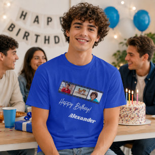 Fotocollage film naam verjaardag man koningsblauw t-shirt