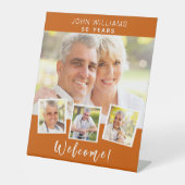 Fotocollage gebrand sinaasappel verjaardagsfeestje reclamebord met voetstuk (Voorkant)