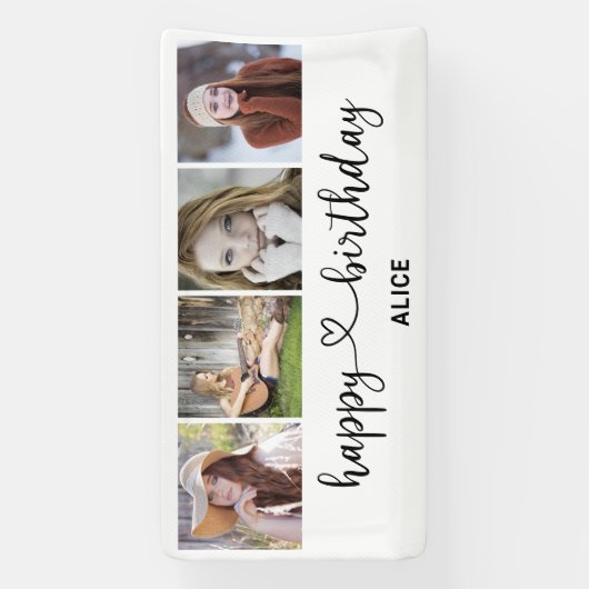 Fotocollage Gelukkige Verjaardag Script Hart Banne Spandoek (Verticaal)