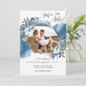 Fotocollage, Geometrische Blauwe Waterverf Save The Date (Staand voorkant)