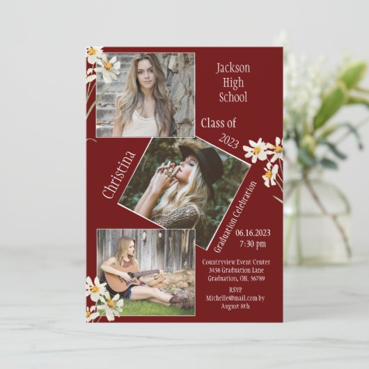 Fotocollage gepersonaliseerd rood Afstuderen Aankondiging (Staand voorkant)