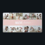 Fotocollage gepersonaliseerde moderne minimale een bureaumat<br><div class="desc">Moderne minimale typografie meisjesroze en witte streep elegante eenvoudige multi-fotocollage unieke gepersonaliseerde ontwerp van de cadeaubureaumat.</div>