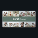 Fotocollage gepersonaliseerde moderne salie groen  bureaumat<br><div class="desc">Moderne minimale typografie girly sage groen en wit streep elegante eenvoudige multi foto collage unieke gepersonaliseerde gift desk mat ontwerp.</div>