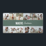 Fotocollage gepersonaliseerde moderne salie groen  bureaumat<br><div class="desc">Moderne minimale typografie girly sage groen en wit streep elegante eenvoudige multi foto collage unieke gepersonaliseerde gift desk mat ontwerp.</div>