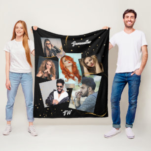 Fotocollage glitter goud 6 fotonaam initialen fleece deken