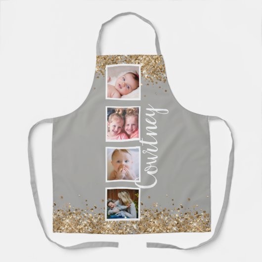 Fotocollage Gouden Glitter Grijs Aangepaste naam Schort (Voorkant)