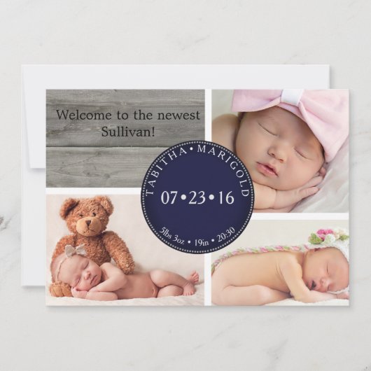Fotocollage hout neutrale geboorte aankondiging (Voorkant)