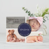 Fotocollage hout neutrale geboorte aankondiging (Staand voorkant)