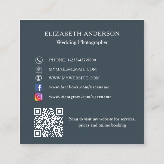 Fotocollage houtskool grijs QR code social media Vierkante Visitekaartje (Achterkant)