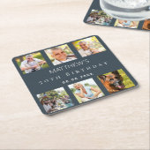 Fotocollage houtskool grijs verjaardagsfeestje kartonnen onderzetters (Schuin)