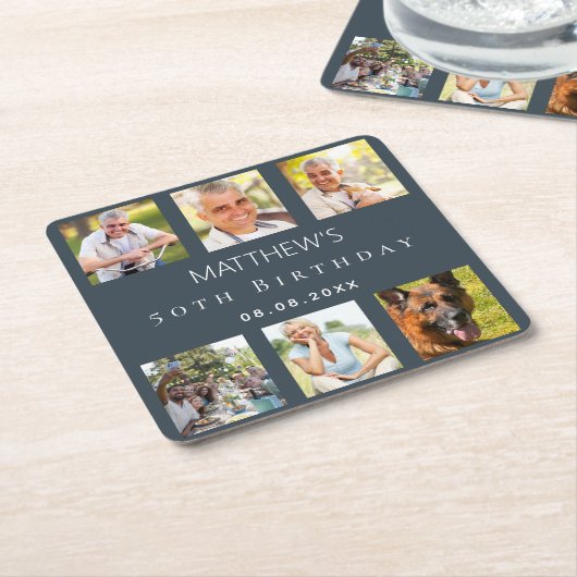 Fotocollage houtskool grijs verjaardagsfeestje kartonnen onderzetters (Schuin)